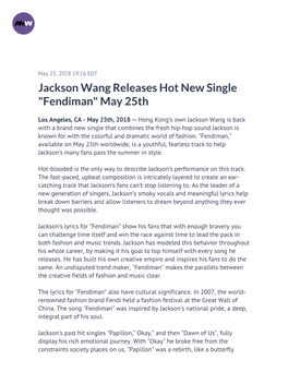 Jackson Wang Releases Hot New Single "Fendiman" May 25Th