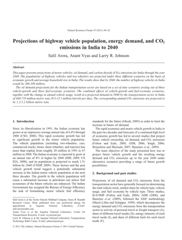 Projections of Highway Vehicle Population, Energy Demand, and CO2 Emissions in India to 2040 Salil Arora, Anant Vyas and Larry R