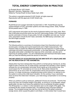 TOTAL ENERGY COMPENSATION in PRACTICE by Rudolph Brozel ILEC Gmbh Bayreuth, Germany, September 1985 Edited by Thomas Knauff, & Dave Nadler April, 2002