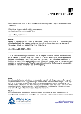 Analysis of Rainfall Variability in the Logone Catchment, Lake Chad Basin