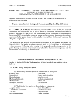 Connecticut Department of Energy and Environmental Protection Summary of Public Comments Explanatory Statement for Final Regulations