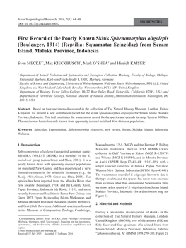 First Record of the Poorly Known Skink Sphenomorphus Oligolepis (Boulenger, 1914) (Reptilia: Squamata: Scincidae) from Seram Island, Maluku Province, Indonesia