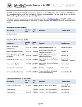 Railroad Job Vacancies Reported to the RRB 844 North Rush Street TTY: (312) 751-4701 February 27, 2019 Chicago, Illinois 60611-1275 Website