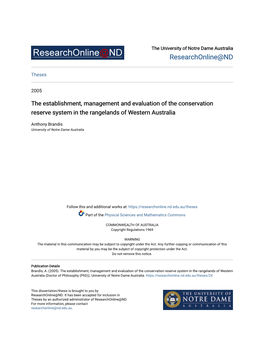 The Establishment, Management and Evaluation of the Conservation Reserve System in the Rangelands of Western Australia