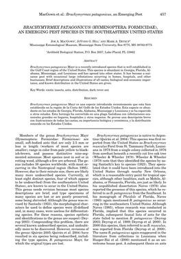 Brachymyrmex Patagonicus (Hymenoptera: Formicidae), an Emerging Pest Species in the Southeastern United States