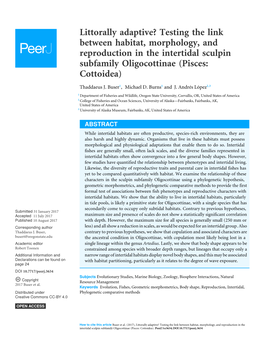 Testing the Link Between Habitat, Morphology, and Reproduction in the Intertidal Sculpin Subfamily Oligocottinae (Pisces: Cottoidea)