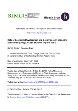 Role of Economic Development and Governance in Mitigating Ethnic Insurgency: a Case Study of Tripura, India