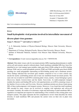 Small Hydrophobic Viral Proteins Involved in Intercellular Movement of Diverse Plant Virus Genomes Sergey Y