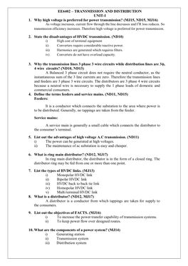 EE6402 – TRANSMISSION and DISTRIBUTION UNIT-I 1. Why High Voltage Is Preferred for Power Transmission? (MJ15, ND15, MJ16) 2. S