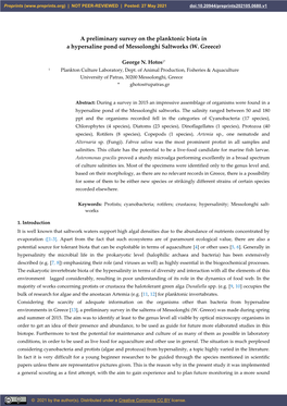 A Preliminary Survey on the Planktonic Biota in a Hypersaline Pond of Messolonghi Saltworks (W