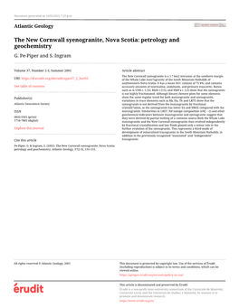 The New Cornwall Syenogranite, Nova Scotia: Petrology and Geochemistry G