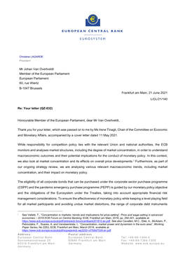 Letter from the ECB President to Mr Johan Van Overtveldt, MEP, on Monetary Policy