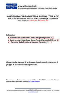 Orario Bus Cotral Da Palestrina a Roma E Per Le Altre Localita' Limitrofe a Palestrina, Orari F/S Zagarolo