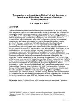 Conservation Practices at Agojo Marine Park and Sanctuary in Catanduanes, Philippines: Convergence of Initiatives for Eco-Governance