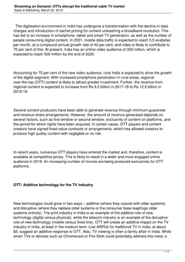 Streaming on Demand: Otts Disrupt the Traditional Cable TV Market Sales & Marketing, March 22, 2019