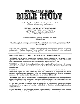 Wednesday, June 29, 2016 – First Baptist Church Buda Midweek Prayer Meeting & Bible Study