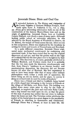 Jeremiah Dixon: Dixie and Coal Gas W Extended Footnote in the History and Antiquities of the County Palatine of Durham (William Fordyce, New­ Acastle Upon Tyne: A