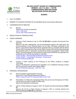 Wilson County Board of Commissioners Monday, July 12, 2021 – 7:00 Pm Commissioners' Meeting Room Miller Road Office Building