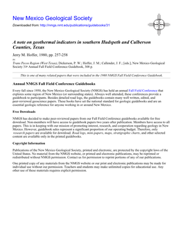 A Note on Geothermal Indicators in Southern Hudspeth and Culberson Counties, Texas Jerry M