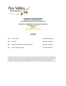 BOARD of COMMISSIONERS BUDGET & APPROPRIATION PUBLIC HEARING AGENDA 1.0 Call to Order President Anderson 2.0 Roll Call Pres