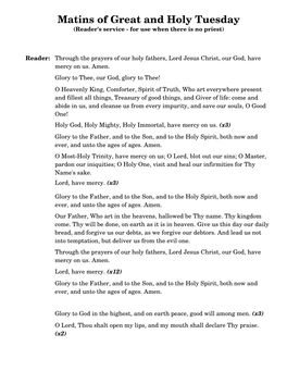 Matins of Great and Holy Tuesday (Reader's Service - for Use When There Is No Priest)