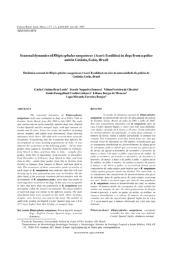 Seasonal Dynamics of Rhipicephalus Sanguineus (Acari: Ixodidae) in Dogs from a Police Unit in Goiânia, Goiás, Brazil