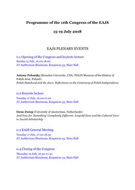 Programme of the 11Th Congress of the EAJS 15-19 July 2018 EAJS