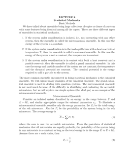 LECTURE 9 Statistical Mechanics Basic Methods We Have Talked