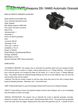 Weapons D6 / M460 Automatic Grenade Launcher (M460 AGL