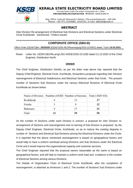 KERALA STATE ELECTRICITY BOARD LIMITED (Incorporated Under the Indian Companies Act, 1956) CIN:U40100KL2011SGC027424 Website