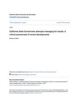 California State Government Attempts Managing for Results: a Critical Assessment of Recent Developments