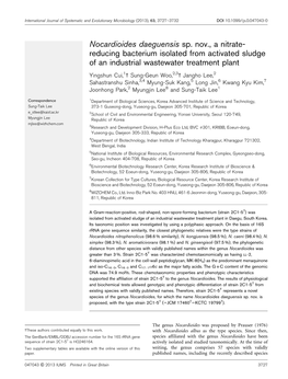 Nocardioides Daeguensis Sp. Nov., a Nitrate- Reducing Bacterium Isolated from Activated Sludge of an Industrial Wastewater Treatment Plant