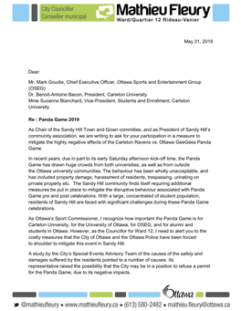 May 31, 2019 Dear: Mr. Mark Goudie, Chief Executive Officer, Ottawa