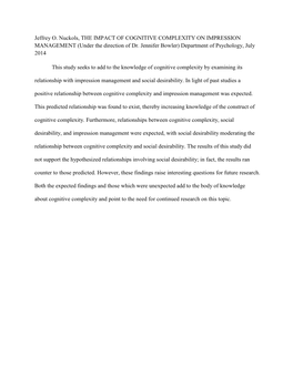 Jeffrey O. Nuckols, the IMPACT of COGNITIVE COMPLEXITY on IMPRESSION MANAGEMENT (Under the Direction of Dr