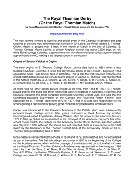 The Royal Thomian Derby (Or the Royal Thomian Match) by Renu Manamendra (Life Member - Royal College Union and the Group of '76)
