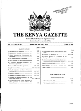 THE KENYA GAZETTE Published by Authority of the Republic of Kenya (Registered As a Newspaperat the G.P.O.)