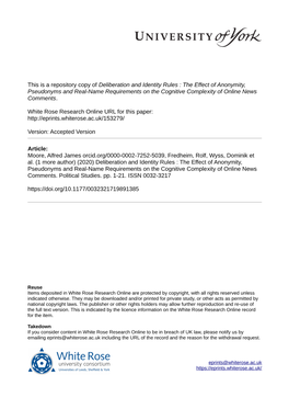 Deliberation and Identity Rules : the Effect of Anonymity, Pseudonyms and Real-Name Requirements on the Cognitive Complexity of Online News Comments