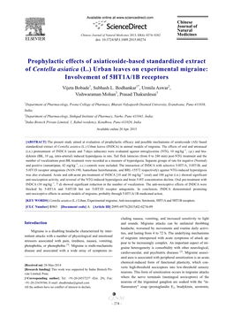 Prophylactic Effects of Asiaticoside-Based Standardized Extract of Centella Asiatica (L.) Urban Leaves on Experimental Migraine: Involvement of 5HT1A/1B Receptors