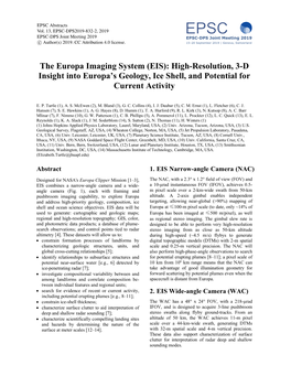 The Europa Imaging System (EIS): High-Resolution, 3-D Insight Into Europa’S Geology, Ice Shell, and Potential for Current Activity