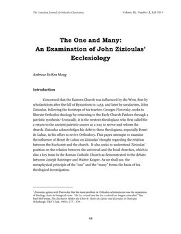 The One and Many: an Examination of John Zizioulas' Ecclesiology