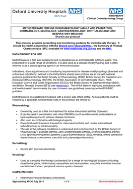 METHOTREXATE for USE in RHEUMATOLOGY (ADULT and PAEDIATRIC), DERMATOLOGY, NEUROLOGY, GASTROENTEROLOGY, OPHTHALMOLOGY and RESPIRATORY MEDICINE Shared Care Protocol