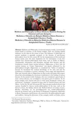 Medicin and Philosophy in Direct Dialectic Relation During The