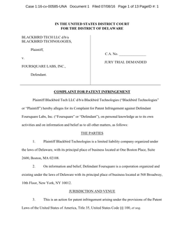 IN the UNITED STATES DISTRICT COURT for the DISTRICT of DELAWARE BLACKBIRD TECH LLC D/B/A BLACKBIRD TECHNOLOGIES, Plaintiff, V