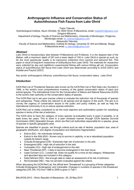 Anthropogenic Influence and Conservation Status of Autochthonous Fish Fauna from Lake Ohrid