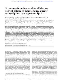 Structure–Function Studies of Histone H3/H4 Tetramer Maintenance During Transcription by Chaperone Spt2