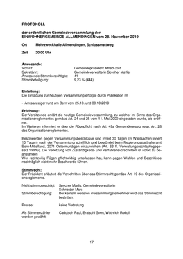 PROTOKOLL Der Ordentlichen Gemeindeversammlung Der EINWOHNERGEMEINDE ALLMENDINGEN Vom 28