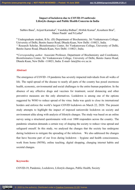 Impact of Lockdown Due to COVID-19 Outbreak: Lifestyle Changes and Public Health Concerns in India