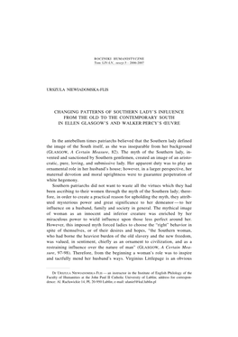 Changing Patterns of Southern Lady's Influence from the Old to the Contemporary South in Ellen Glasgow's and Walker Percy'