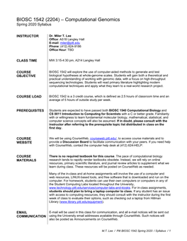 Computational Genomics Spring 2020 Syllabus