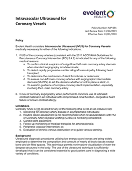 Intravascular Ultrasound for Coronary Vessels Policy Number: MP-091 Last Review Date: 11/14/2019 Effective Date: 01/01/2020